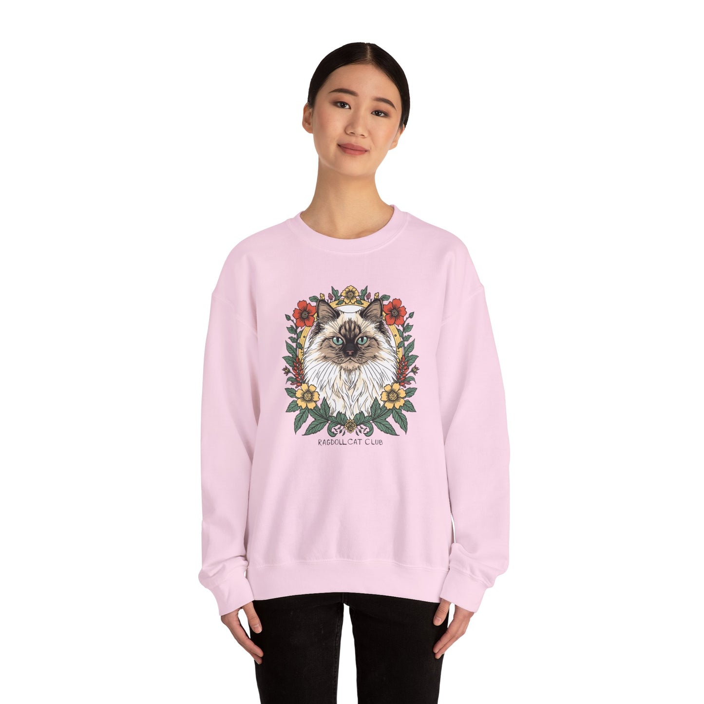 Cat Floral Crewneck Sweatshirt – Ragdoll Cat Portrait with Flowers