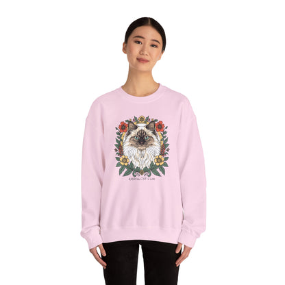 Cat Floral Crewneck Sweatshirt – Ragdoll Cat Portrait with Flowers