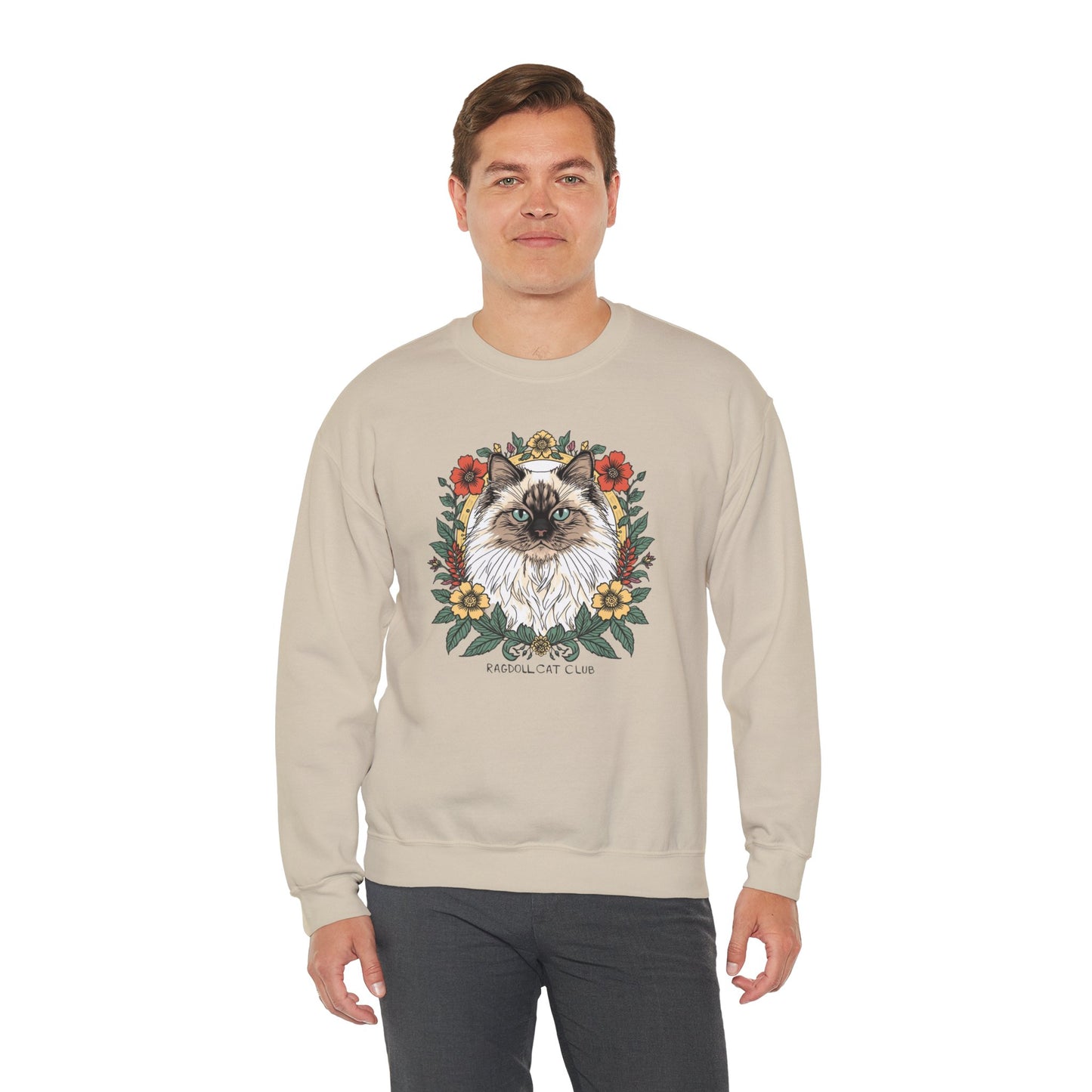 Cat Floral Crewneck Sweatshirt – Ragdoll Cat Portrait with Flowers