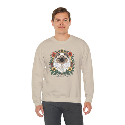 Cat Floral Crewneck Sweatshirt – Ragdoll Cat Portrait with Flowers
