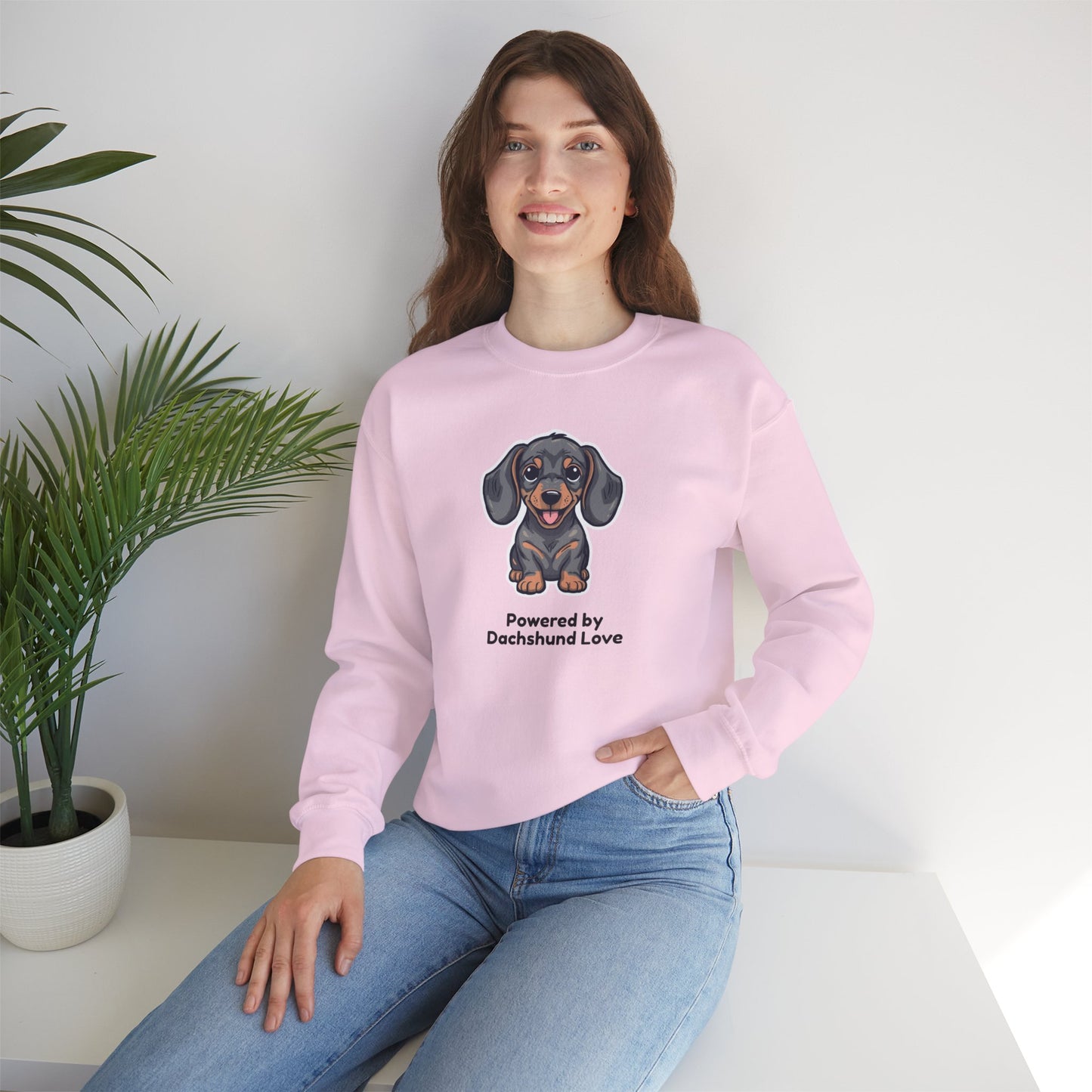 Dachshund Crewneck Sweatshirt – "Powered by Dachshund Love" Cute Sausage Dog Pullover