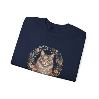 Cat Floral Crewneck Sweatshirt – Watercolor Maine Coon Portrait