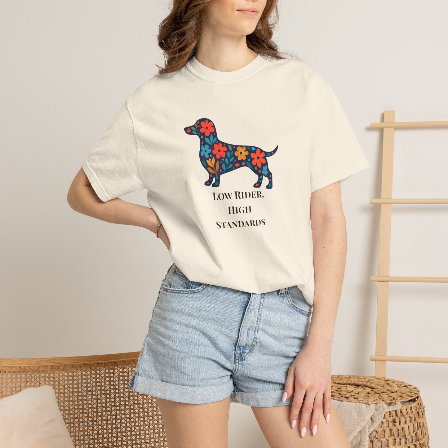 Dachshund Floral Graphic Tee | Low Rider High Standards Sausage Dog Shirt