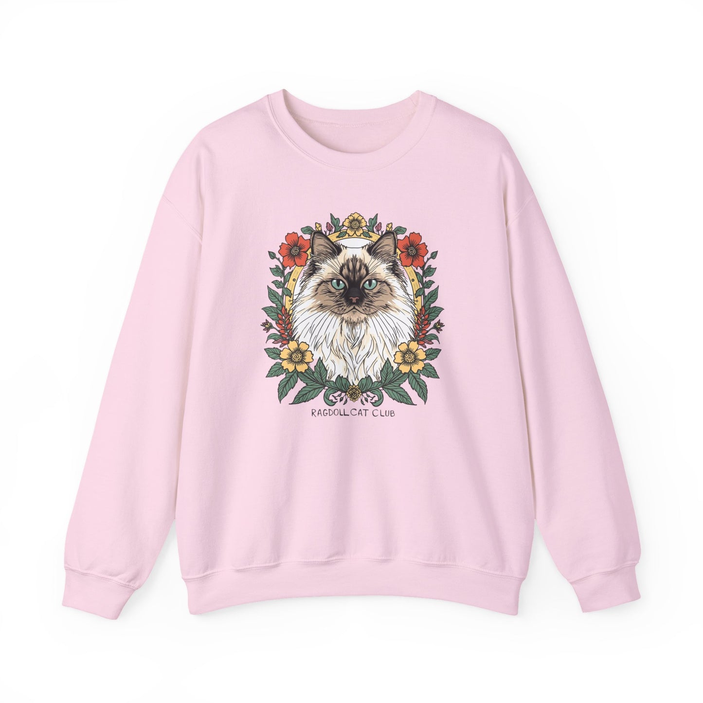 Cat Floral Crewneck Sweatshirt – Ragdoll Cat Portrait with Flowers