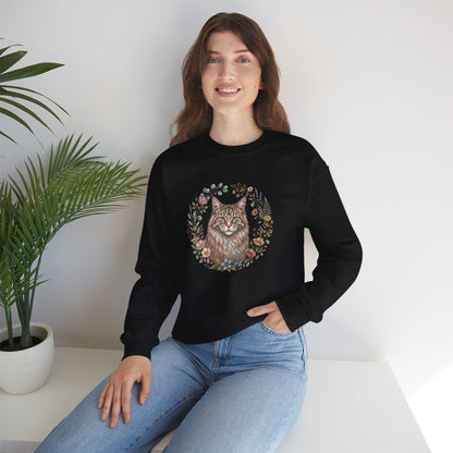 Cat Floral Crewneck Sweatshirt – Watercolor Maine Coon Portrait