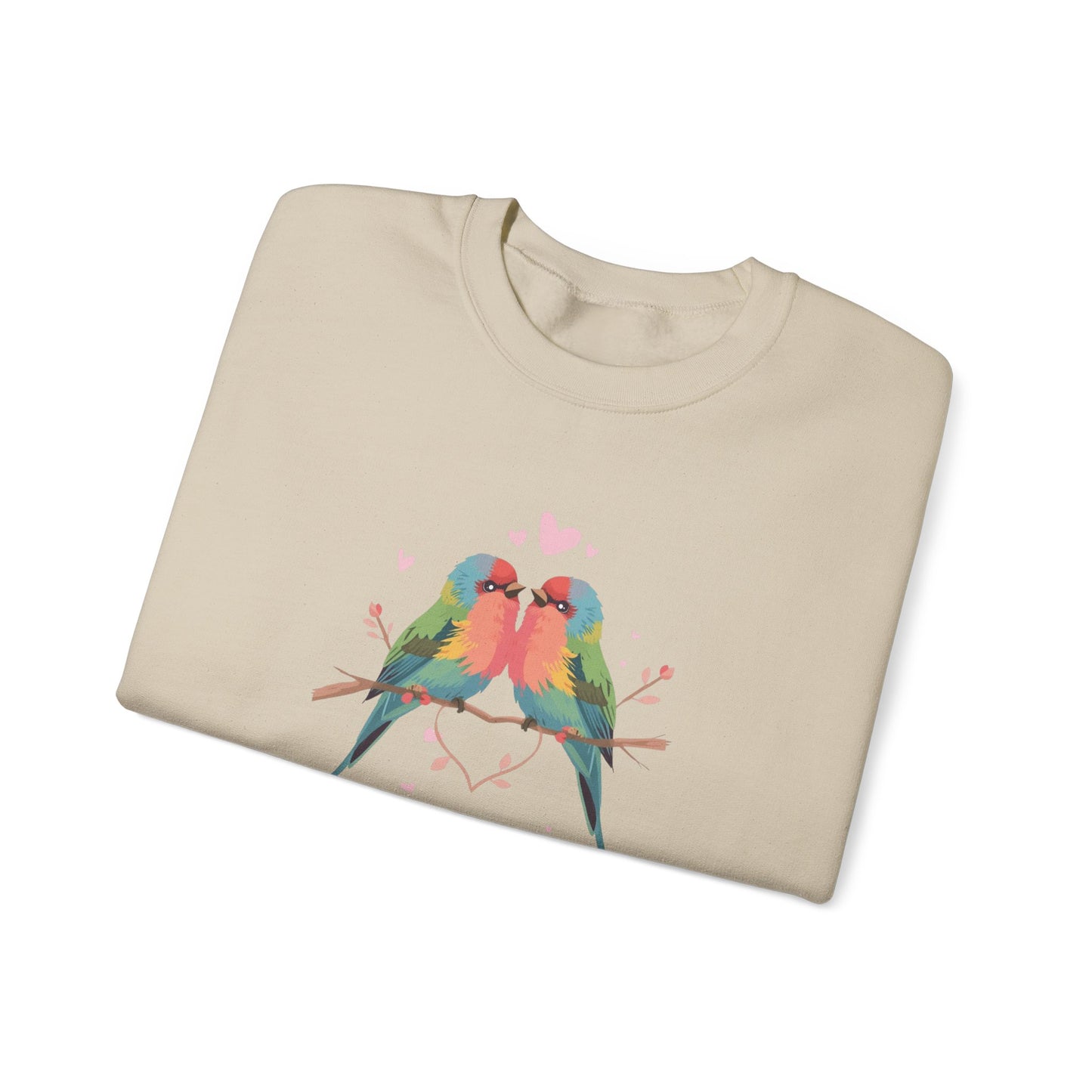 Crewneck Sweatshirt — Colorful Lovebirds Graphic, Romantic Couple Birds Pullover