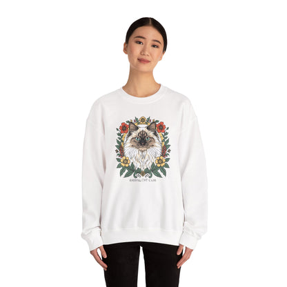Cat Floral Crewneck Sweatshirt – Ragdoll Cat Portrait with Flowers