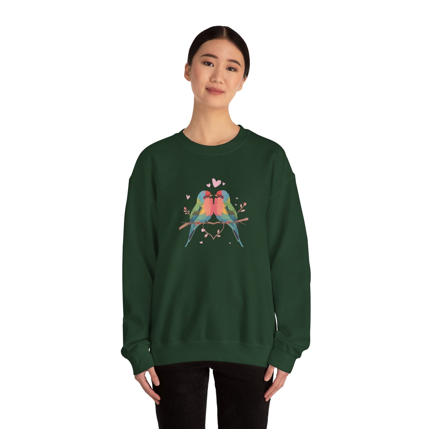 Crewneck Sweatshirt — Colorful Lovebirds Graphic, Romantic Couple Birds Pullover