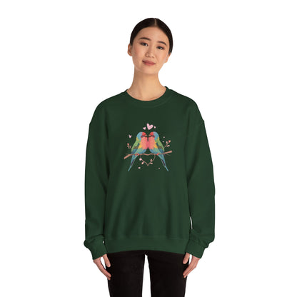 Crewneck Sweatshirt — Colorful Lovebirds Graphic, Romantic Couple Birds Pullover