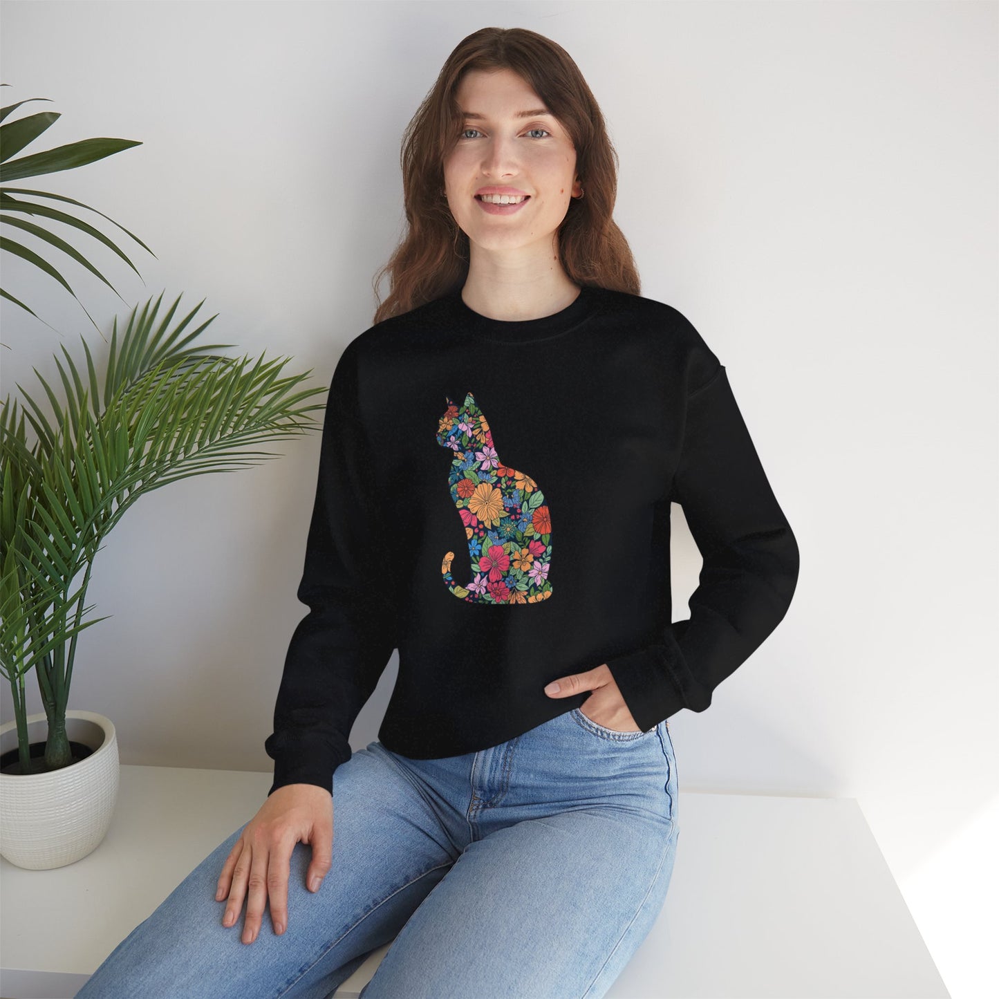 Domestic Medium Hair - Floral Cat Silhouette Sweatshirt
