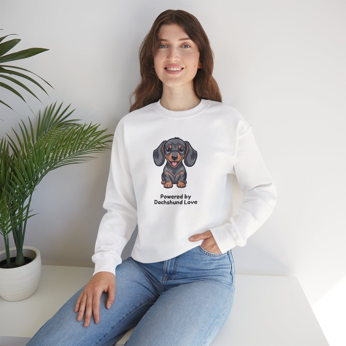 Dachshund Crewneck Sweatshirt – "Powered by Dachshund Love" Cute Sausage Dog Pullover