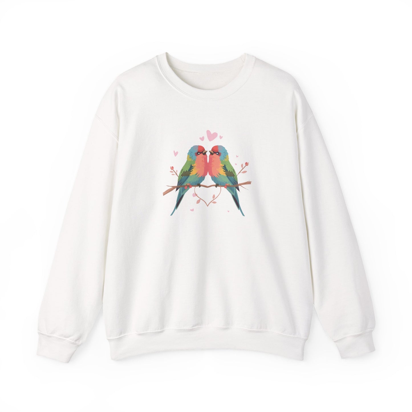Crewneck Sweatshirt — Colorful Lovebirds Graphic, Romantic Couple Birds Pullover