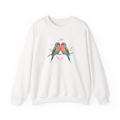 Crewneck Sweatshirt — Colorful Lovebirds Graphic, Romantic Couple Birds Pullover
