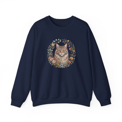 Cat Floral Crewneck Sweatshirt – Watercolor Maine Coon Portrait