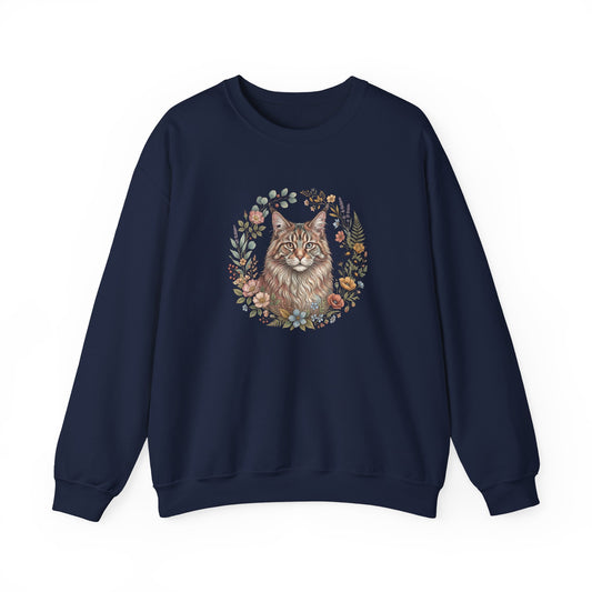 Cat Floral Crewneck Sweatshirt – Watercolor Maine Coon Portrait