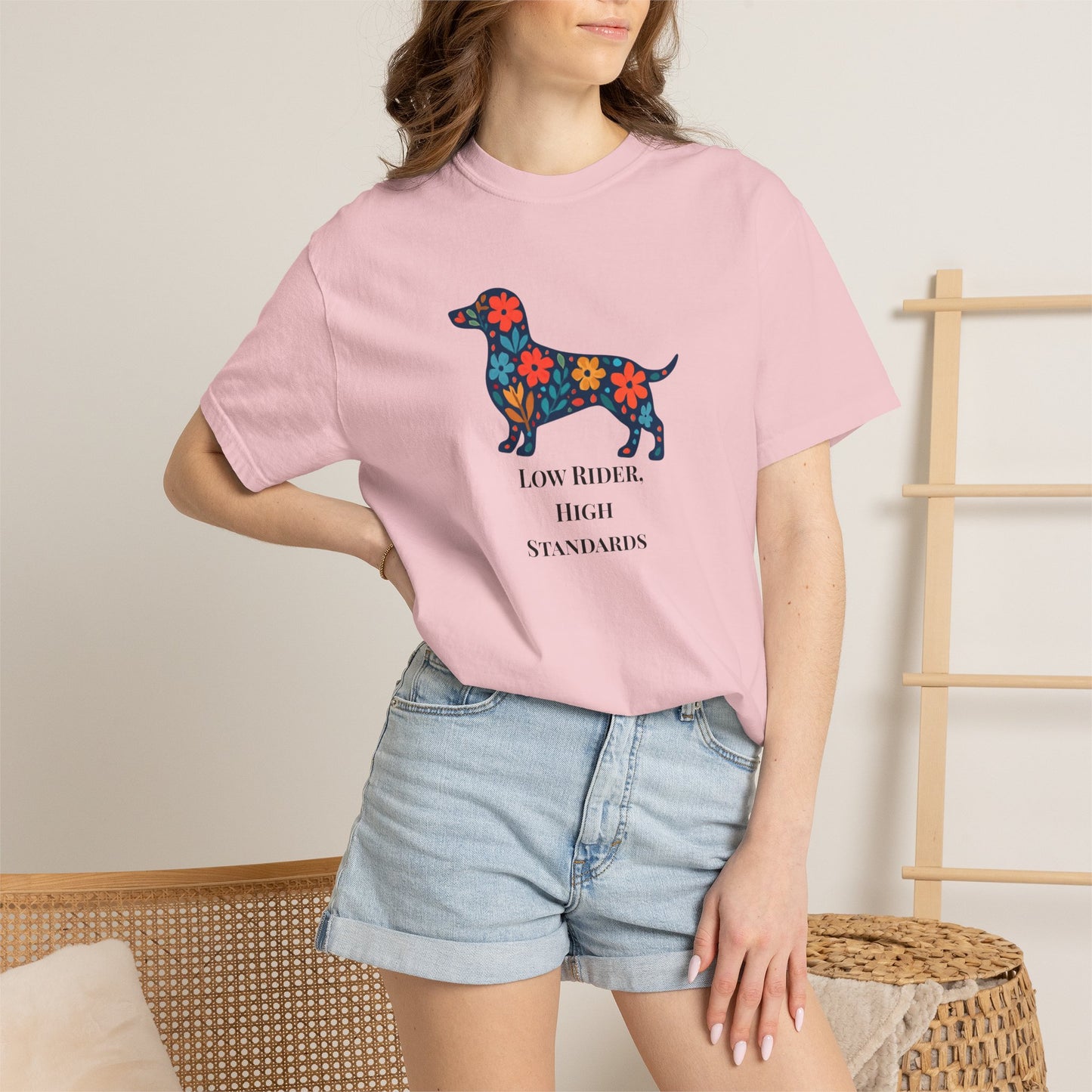 Dachshund Floral Graphic Tee | Low Rider High Standards Sausage Dog Shirt