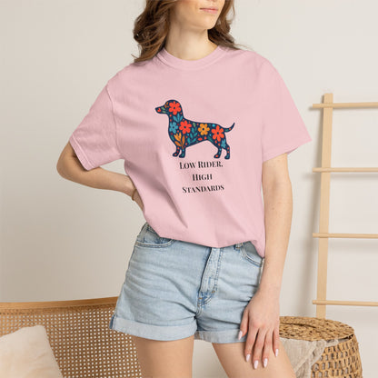 Dachshund Floral Graphic Tee | Low Rider High Standards Sausage Dog Shirt