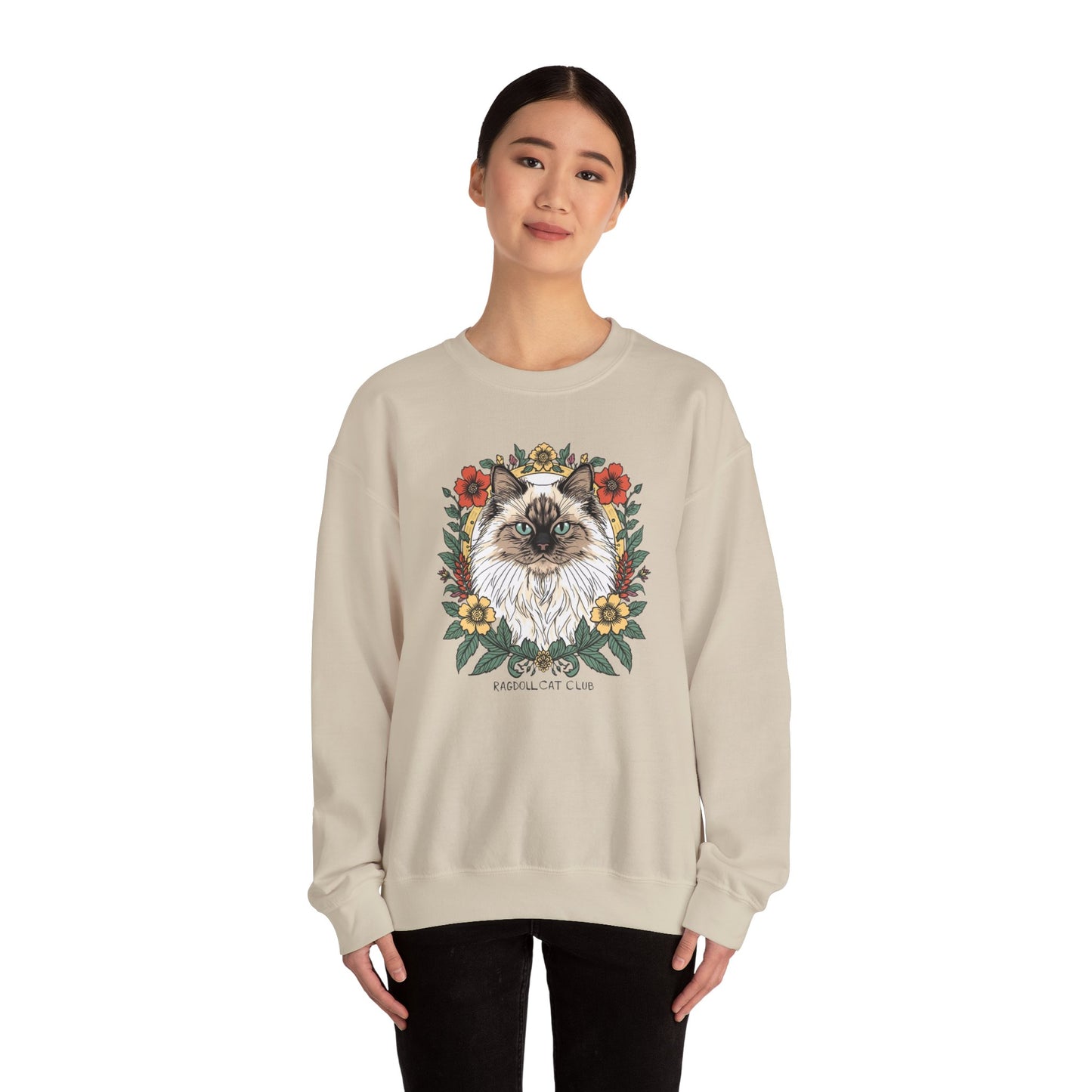 Cat Floral Crewneck Sweatshirt – Ragdoll Cat Portrait with Flowers