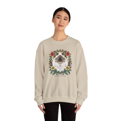 Cat Floral Crewneck Sweatshirt – Ragdoll Cat Portrait with Flowers