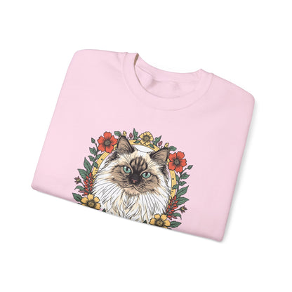 Cat Floral Crewneck Sweatshirt – Ragdoll Cat Portrait with Flowers
