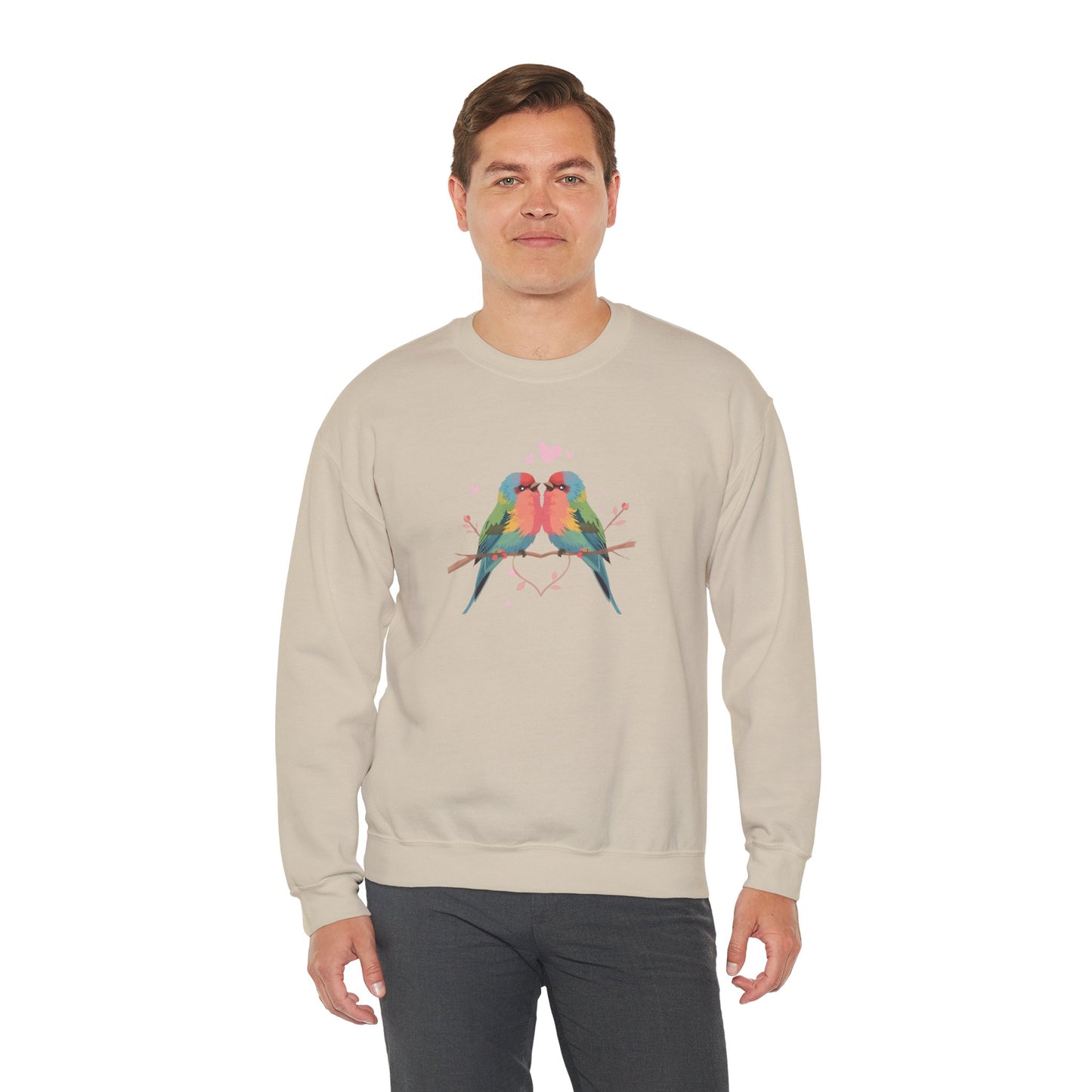 Crewneck Sweatshirt — Colorful Lovebirds Graphic, Romantic Couple Birds Pullover