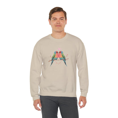 Crewneck Sweatshirt — Colorful Lovebirds Graphic, Romantic Couple Birds Pullover