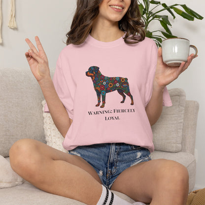 Rottweiler Floral Silhouette T-Shirt - "Warning: Fiercely Loyal" Dog Tee