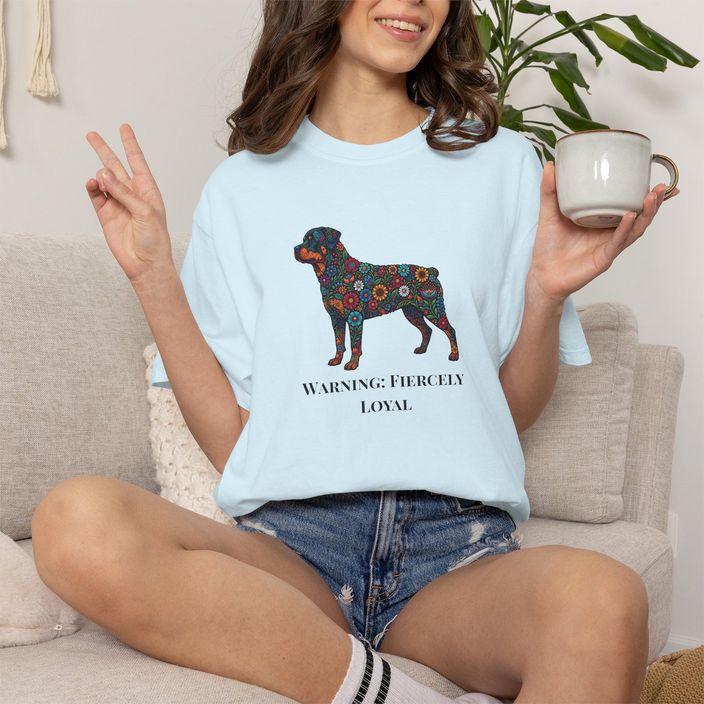 Rottweiler Floral Silhouette T-Shirt - "Warning: Fiercely Loyal" Dog Tee