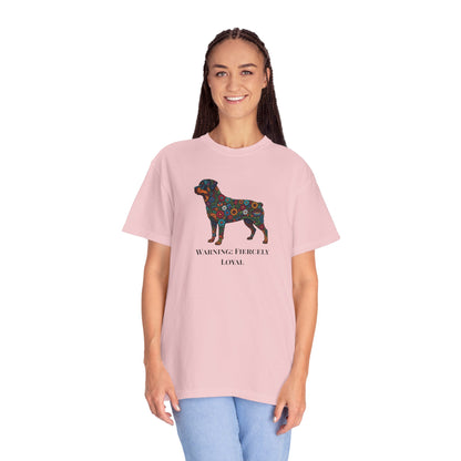 Rottweiler Floral Silhouette T-Shirt - "Warning: Fiercely Loyal" Dog Tee