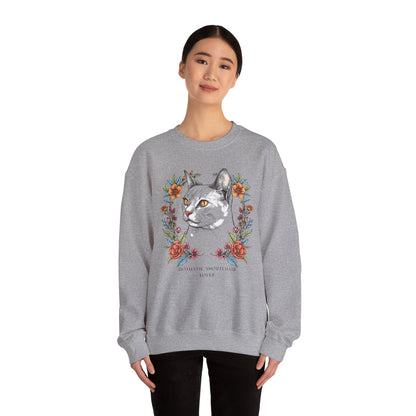 Cat Portrait Crewneck Sweatshirt — Floral Frame with 'Domestic Shorthair Love'