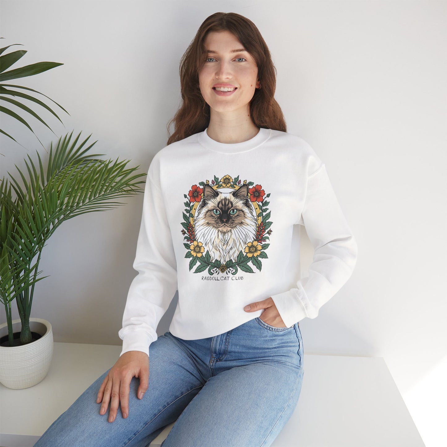 Cat Floral Crewneck Sweatshirt – Ragdoll Cat Portrait with Flowers