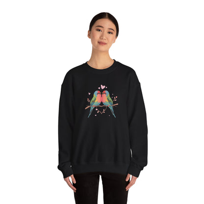 Crewneck Sweatshirt — Colorful Lovebirds Graphic, Romantic Couple Birds Pullover