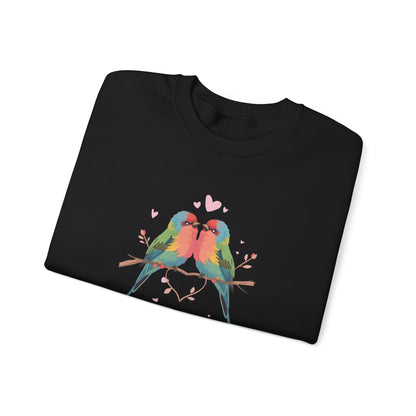 Crewneck Sweatshirt — Colorful Lovebirds Graphic, Romantic Couple Birds Pullover