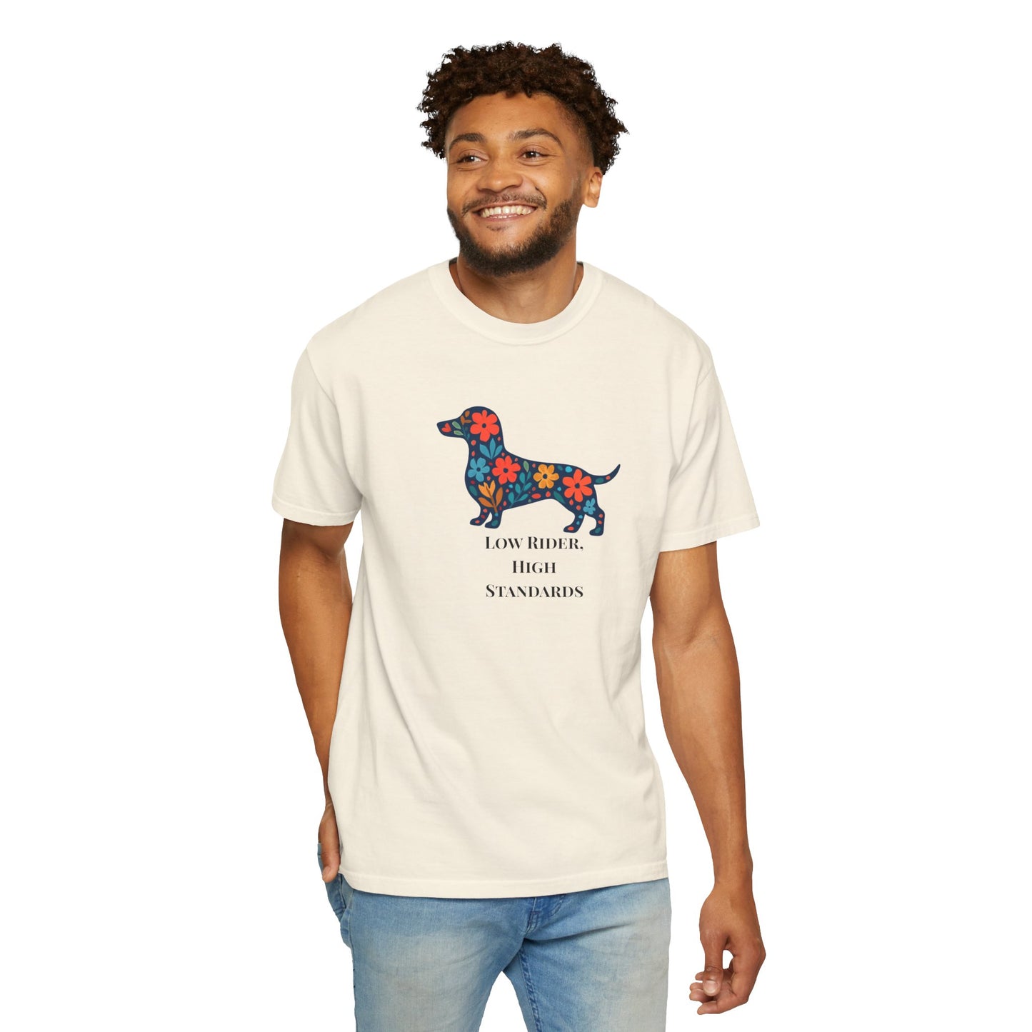 Dachshund Floral Graphic Tee | Low Rider High Standards Sausage Dog Shirt