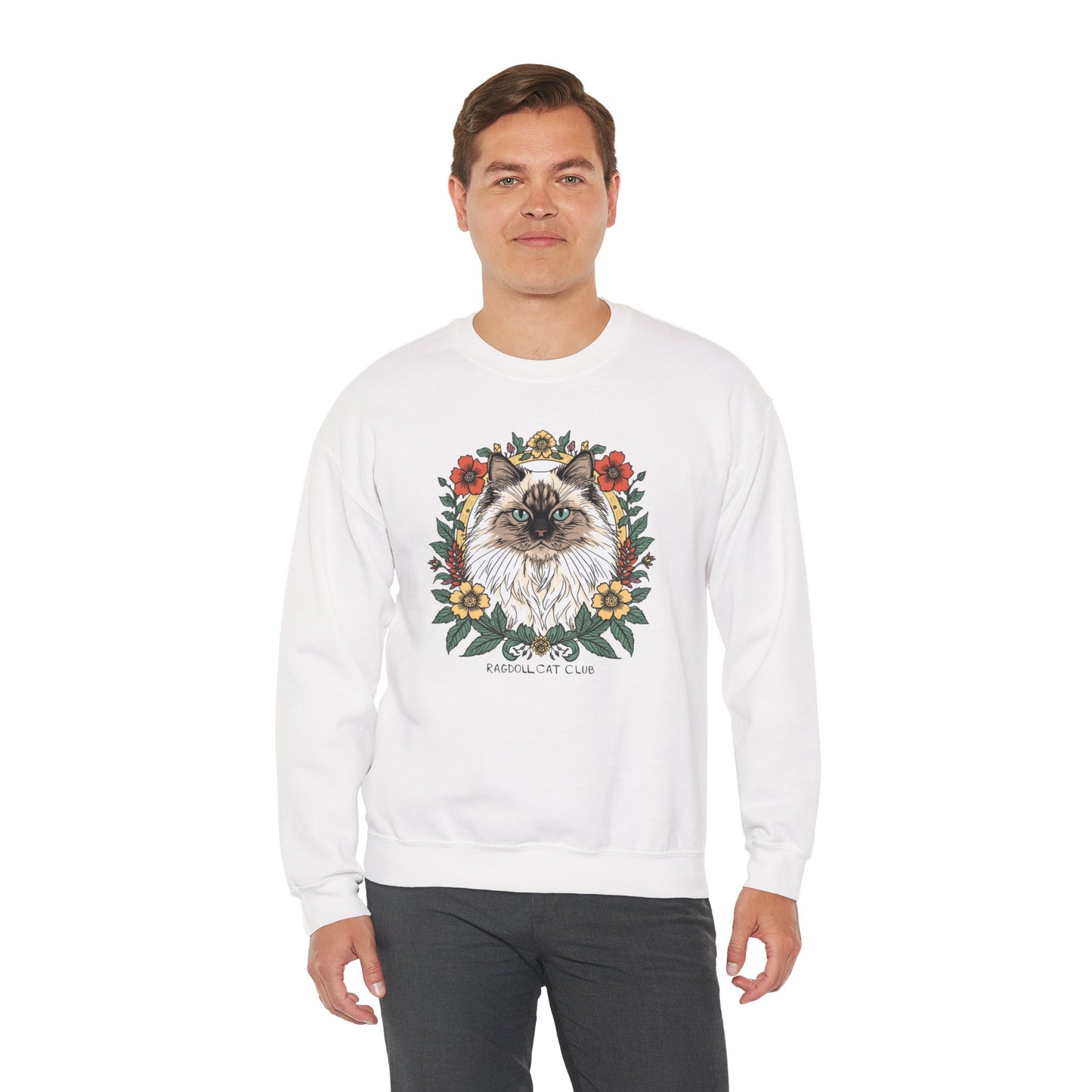 Cat Floral Crewneck Sweatshirt – Ragdoll Cat Portrait with Flowers