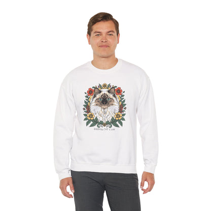 Cat Floral Crewneck Sweatshirt – Ragdoll Cat Portrait with Flowers