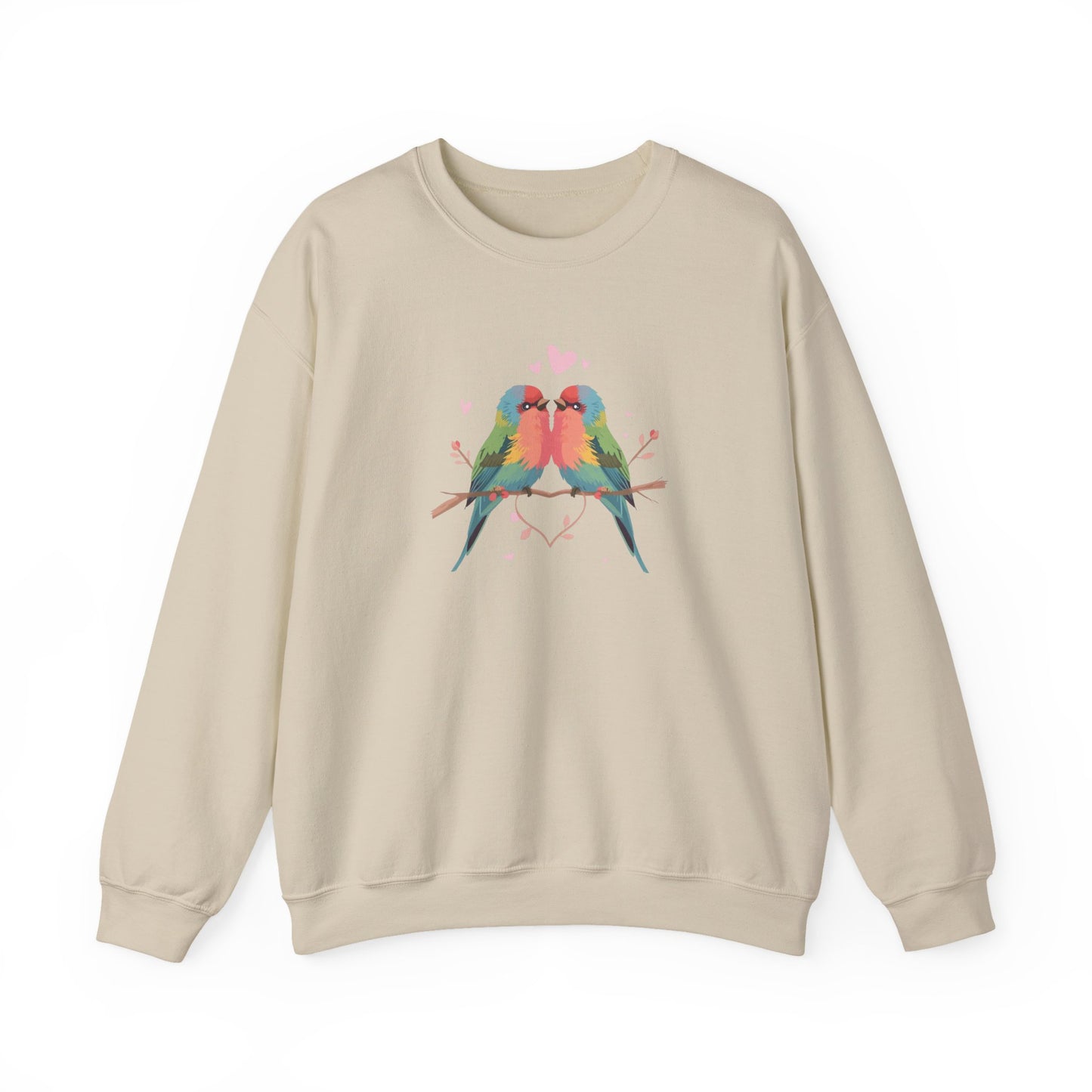 Crewneck Sweatshirt — Colorful Lovebirds Graphic, Romantic Couple Birds Pullover