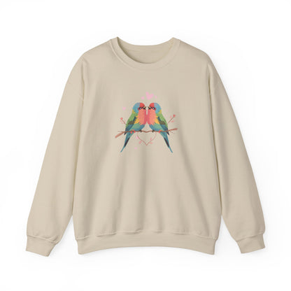 Crewneck Sweatshirt — Colorful Lovebirds Graphic, Romantic Couple Birds Pullover