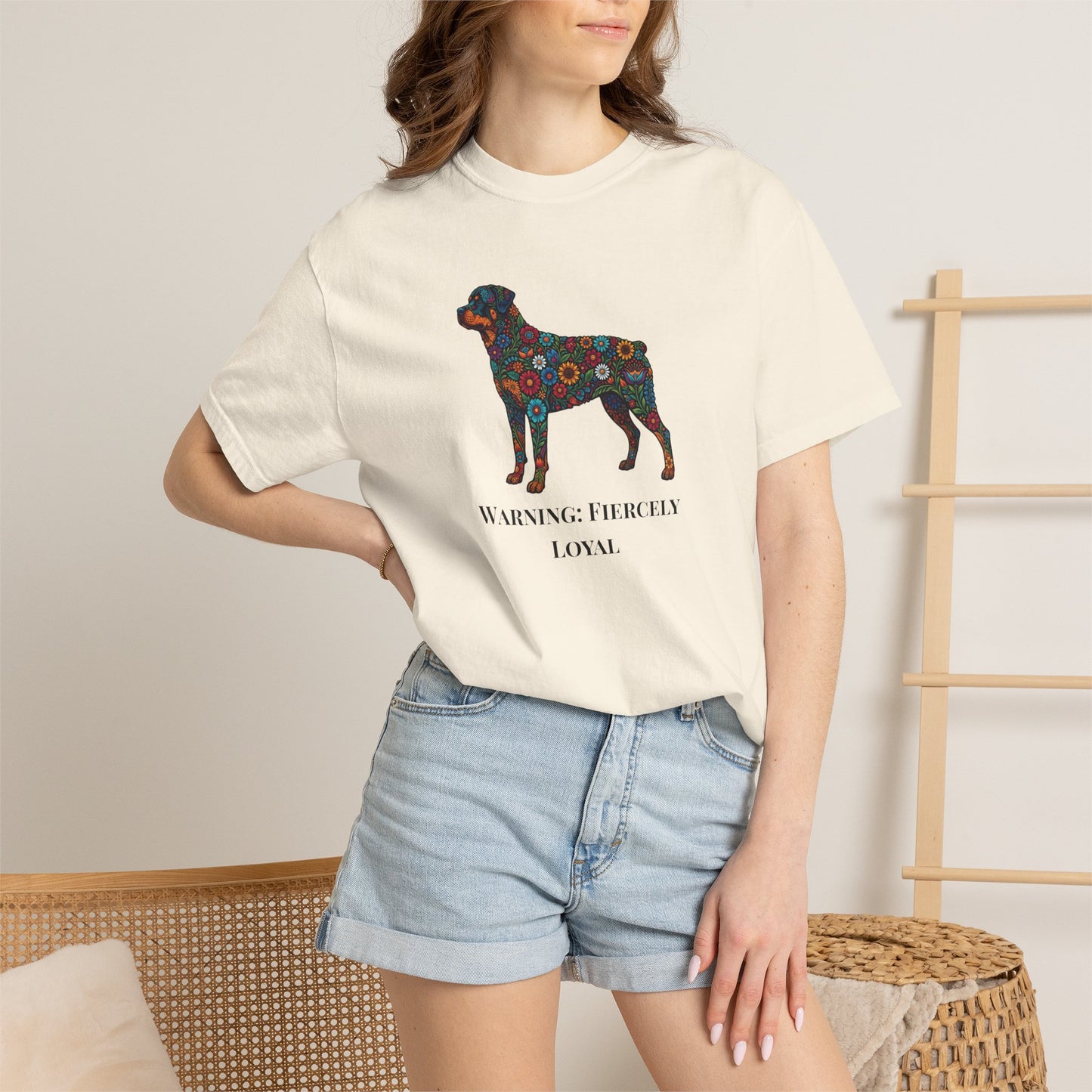 Rottweiler Floral Silhouette T-Shirt - "Warning: Fiercely Loyal" Dog Tee