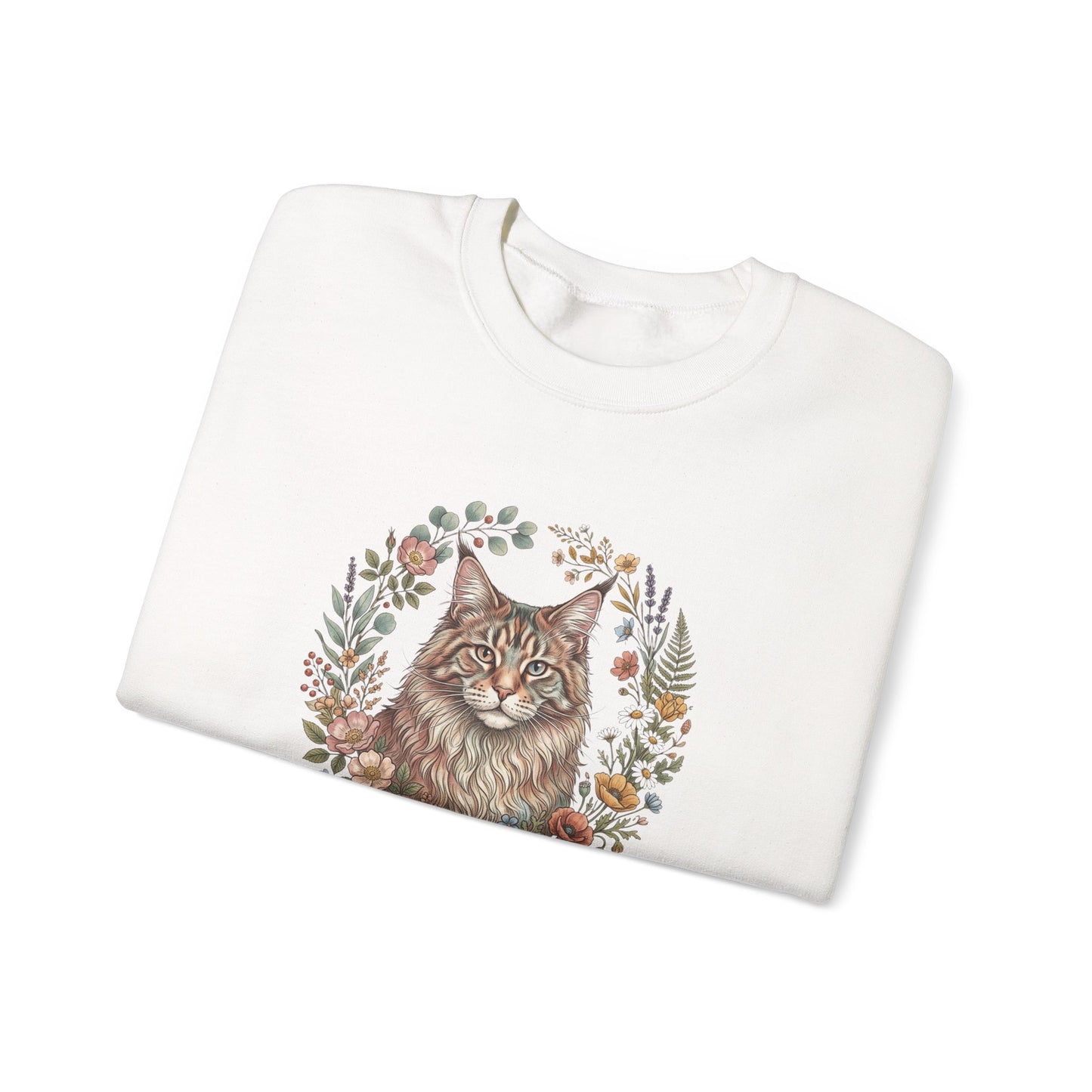 Cat Floral Crewneck Sweatshirt – Watercolor Maine Coon Portrait