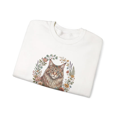 Cat Floral Crewneck Sweatshirt – Watercolor Maine Coon Portrait
