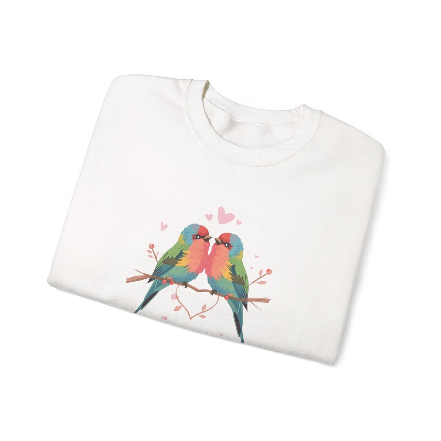 Crewneck Sweatshirt — Colorful Lovebirds Graphic, Romantic Couple Birds Pullover