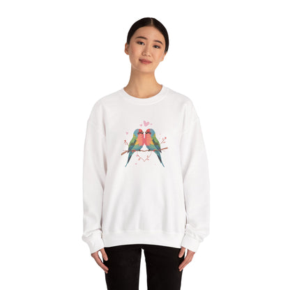 Crewneck Sweatshirt — Colorful Lovebirds Graphic, Romantic Couple Birds Pullover