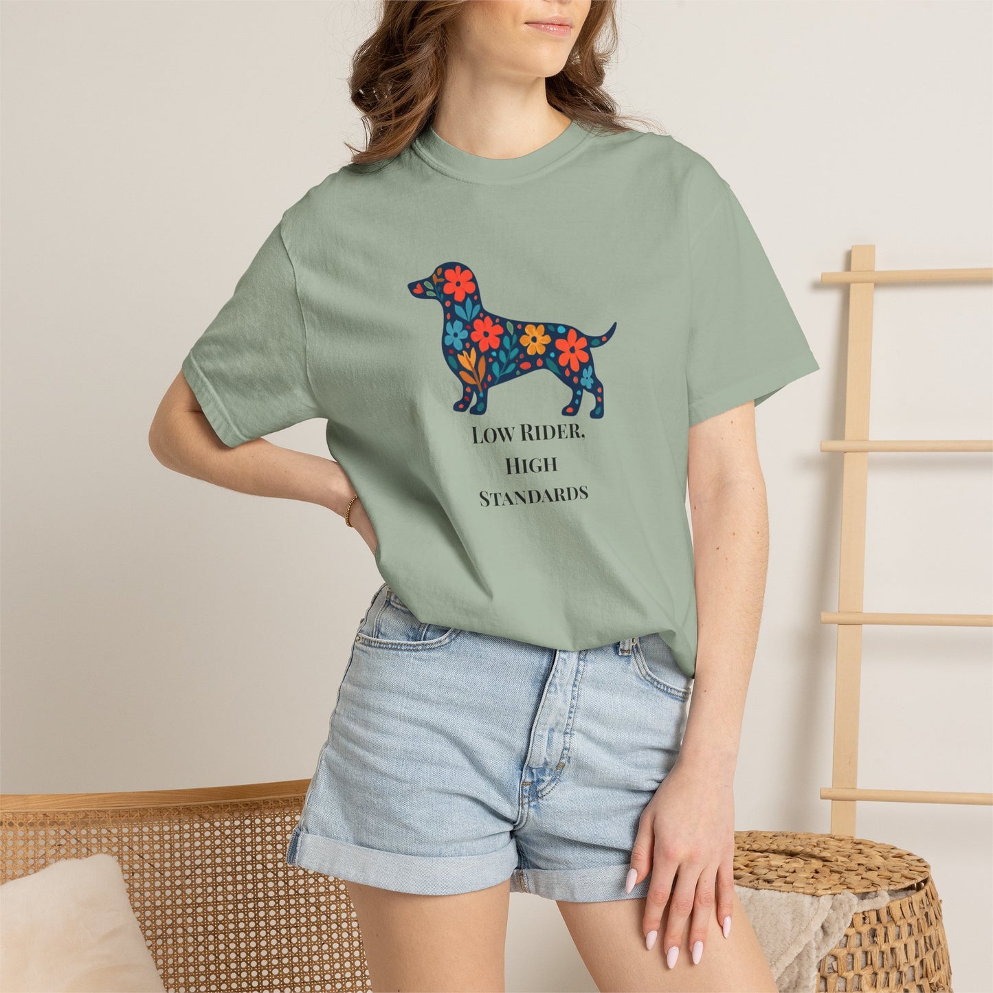 Dachshund Floral Graphic Tee | Low Rider High Standards Sausage Dog Shirt