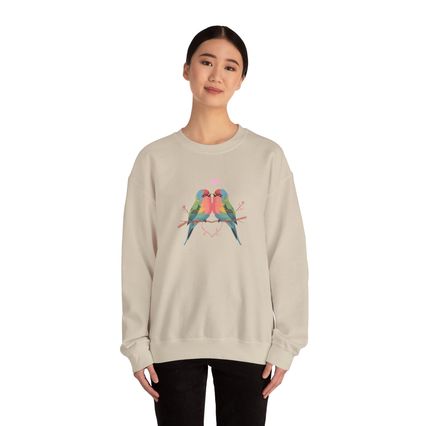 Crewneck Sweatshirt — Colorful Lovebirds Graphic, Romantic Couple Birds Pullover