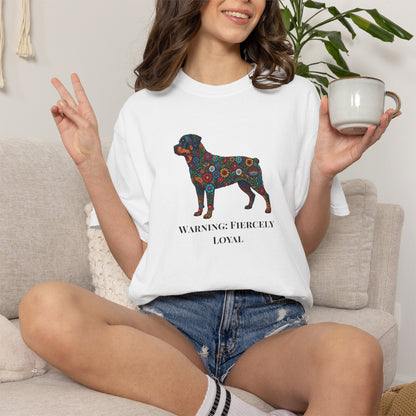 Rottweiler Floral Silhouette T-Shirt - "Warning: Fiercely Loyal" Dog Tee
