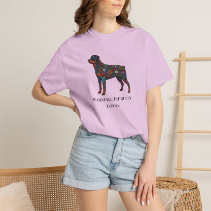 Rottweiler Floral Silhouette T-Shirt - "Warning: Fiercely Loyal" Dog Tee