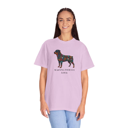 Rottweiler Floral Silhouette T-Shirt - "Warning: Fiercely Loyal" Dog Tee