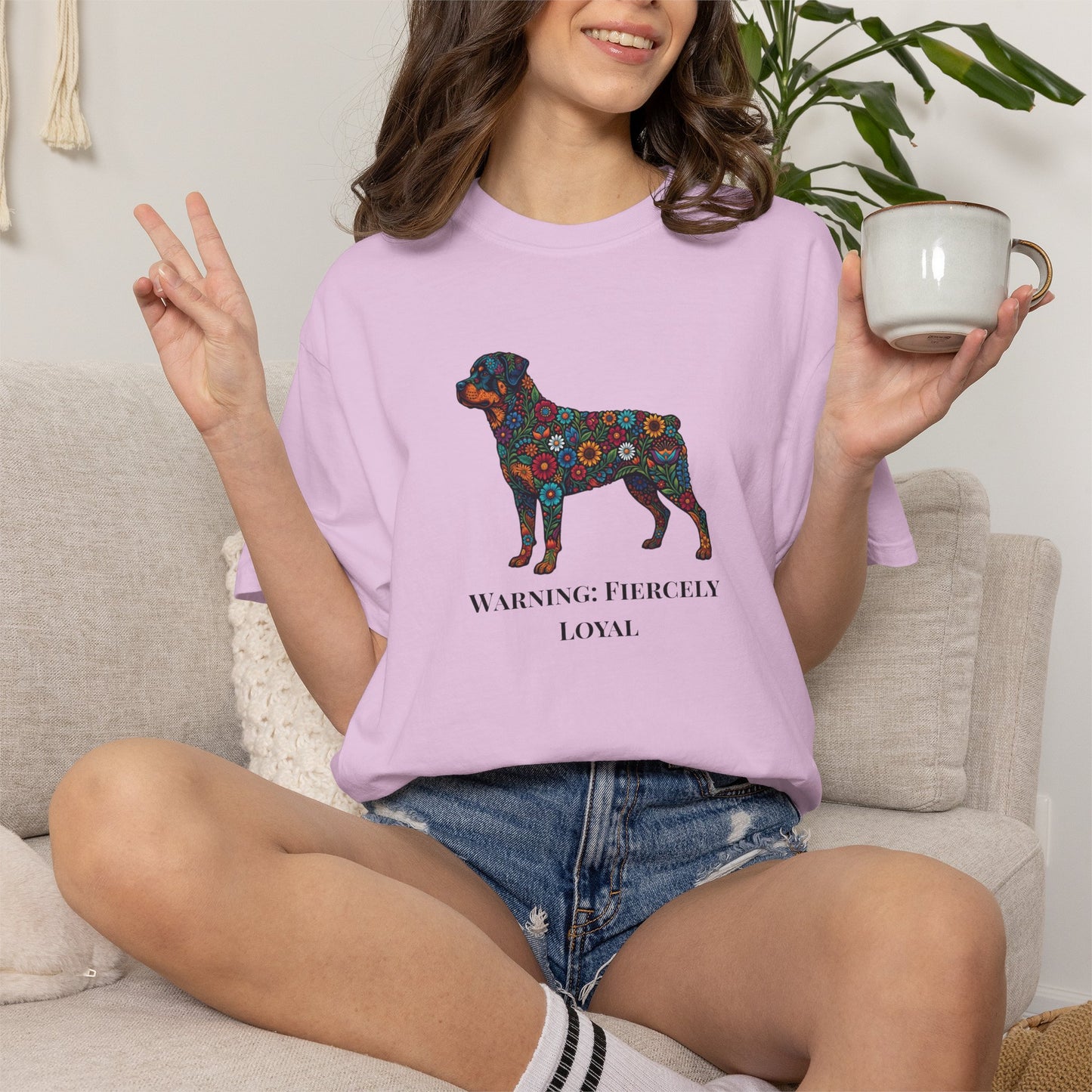 Rottweiler Floral Silhouette T-Shirt - "Warning: Fiercely Loyal" Dog Tee