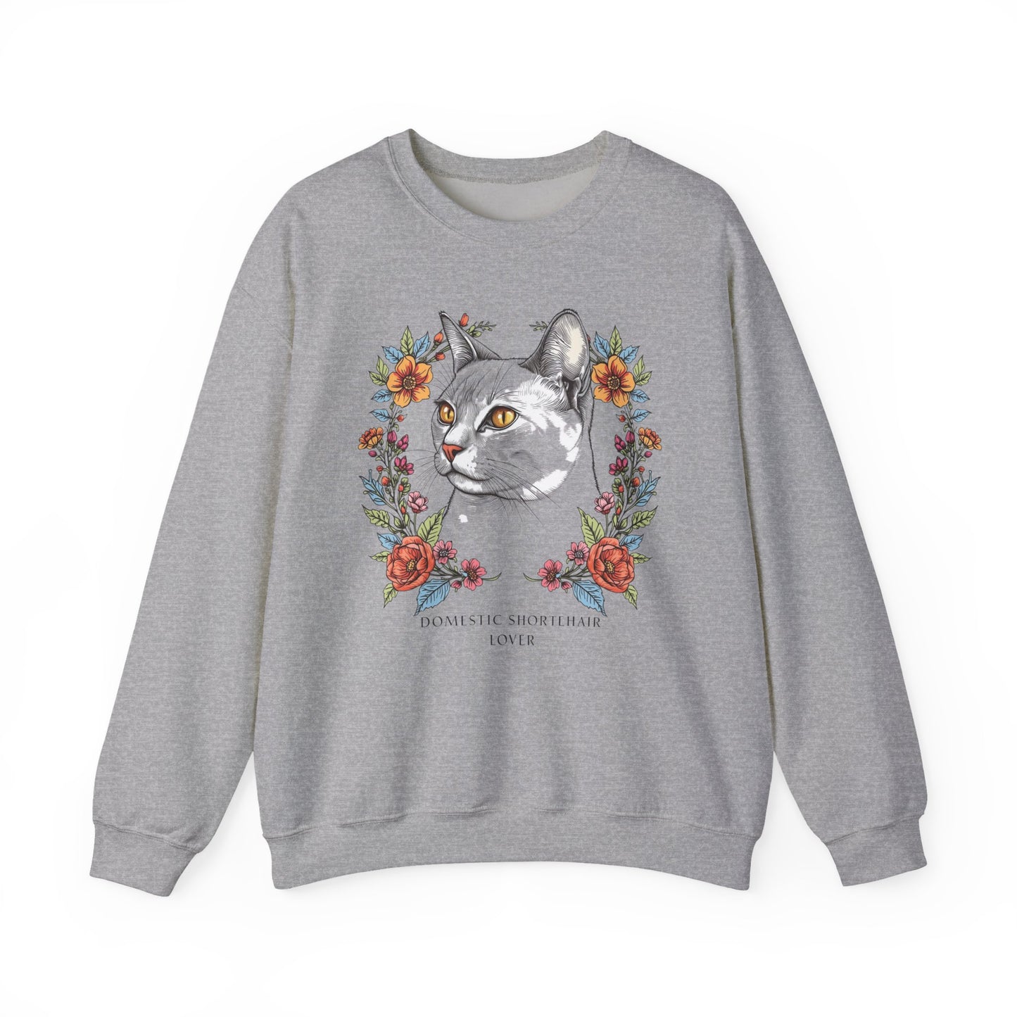 Cat Portrait Crewneck Sweatshirt — Floral Frame with 'Domestic Shorthair Love'